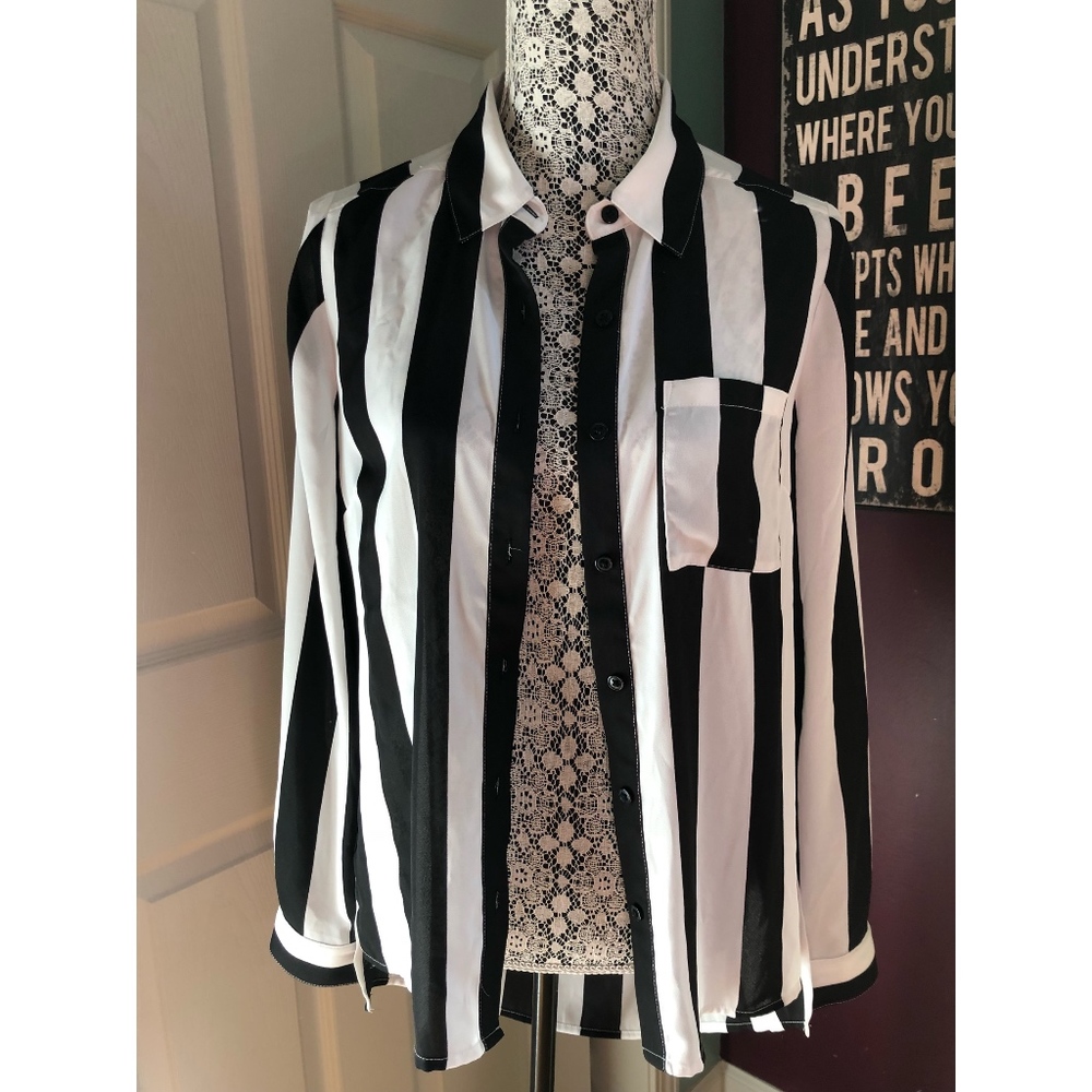 Black & White Striped Open Back Button Down Top